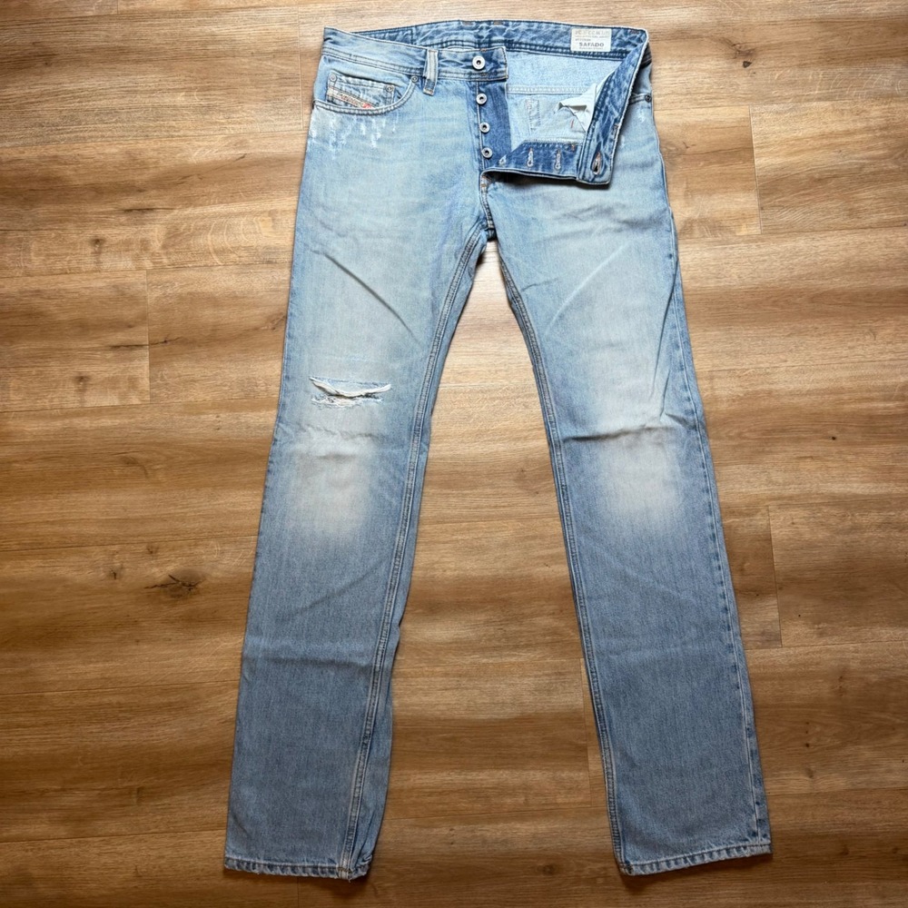 Diesel Safado Jeans Mens 32x34 Light Wash Blue Slim Straight Distressed 0R18K